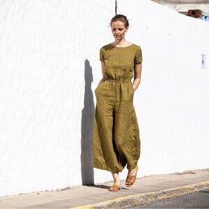 notPERFECTLINEN Linen jumpsuit BARCELONA in MAXI length / size S Small / Olive